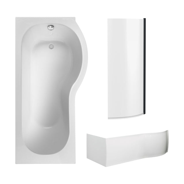 [BBZPB008] P Shape 1700x850 Right Hand Shower Bath Set - P Shape Front Panel, Black Bath Screen & Leg Set - Cutout