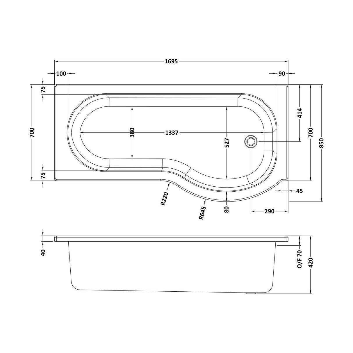 [BBZPB008] P Shape 1700x850 Right Hand Shower Bath Set - P Shape Front Panel, Black Bath Screen & Leg Set - Technical Drawing