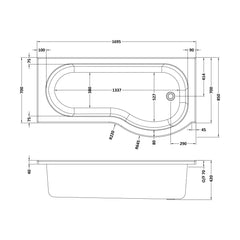 [BBZPB008] P Shape 1700x850 Right Hand Shower Bath Set - P Shape Front Panel, Black Bath Screen & Leg Set - Technical Drawing