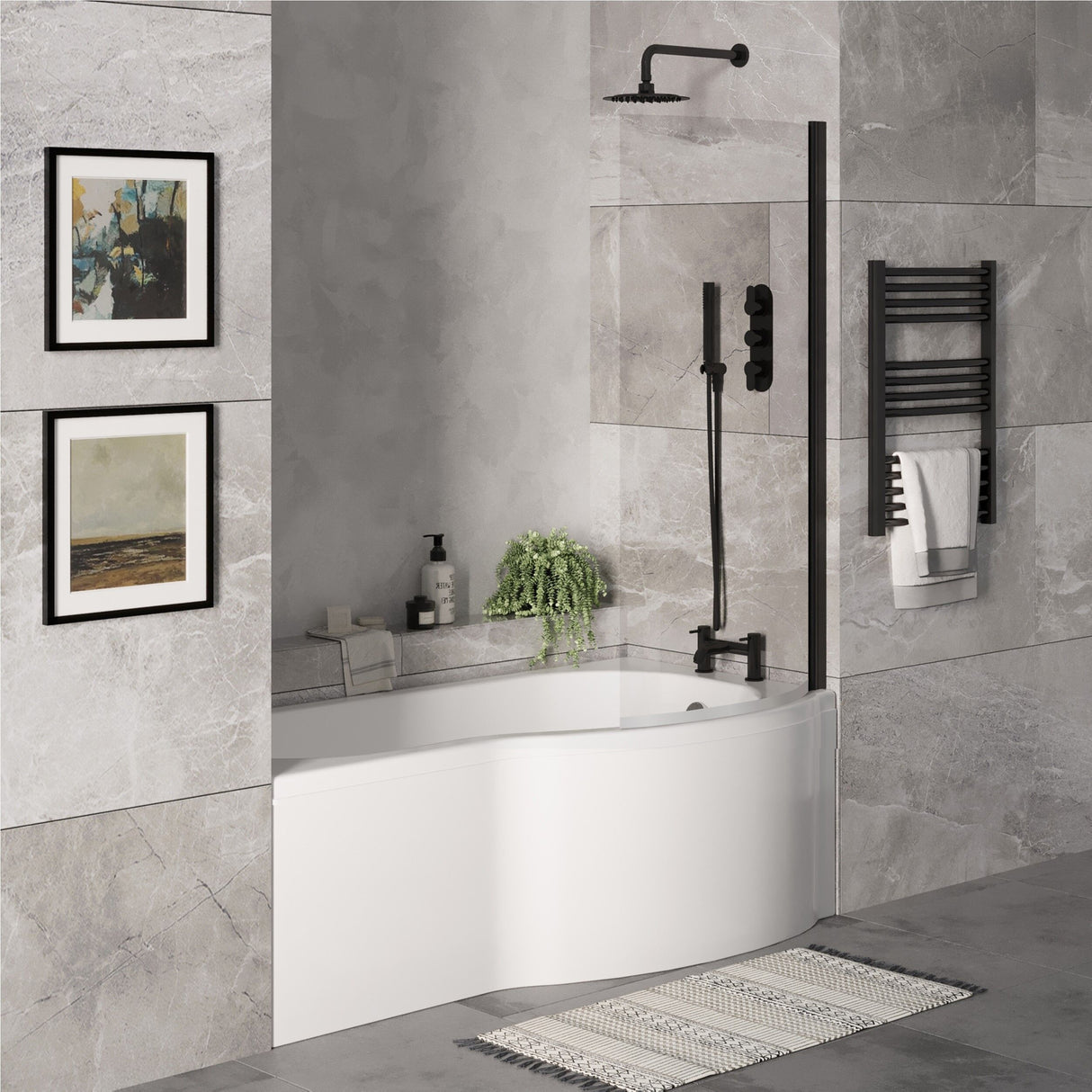 [BBZPB008] P Shape 1700x850 Right Hand Shower Bath Set - P Shape Front Panel, Black Bath Screen & Leg Set - Lifestyle 3