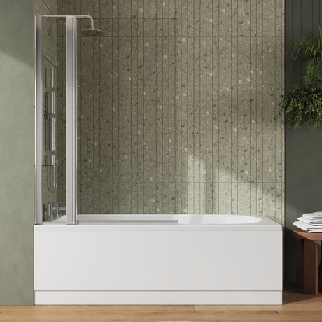 [BBZSE003] Round Single Ended 1700x700 Shower Bath Set - Front Panel, Chrome Square Bath Screen, Fixed Panel & Leg Set - Lifestyle 1