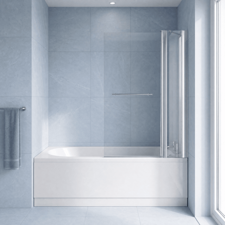 [BBZSE004] Round Single Ended Shower Bath Set - Front Panel, Chrome Screen with Fixed Panel, Towel Rail & Leg Set, Choice of Size - Studio Shot