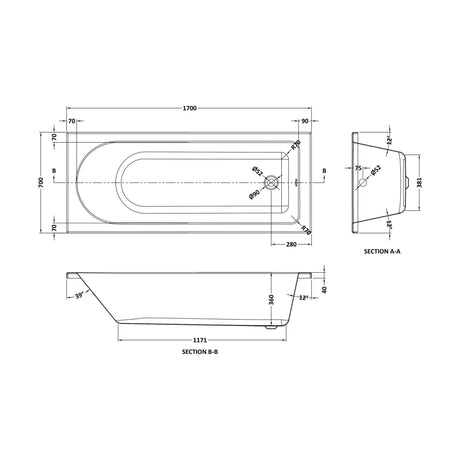 [BBZSE005] Round Single Ended 1700x700 Shower Bath Set - Front Panel, Chrome Fixed Bath Screen & Leg Set - Technical Drawing