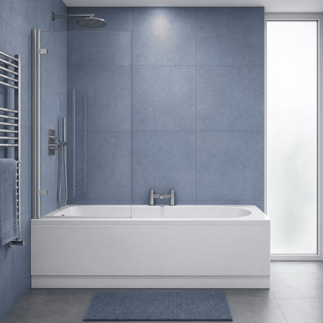 [BBZSE006] Round Single Ended Shower Bath Set - Front Panel, Chrome Square Hinged Bath Screen & Leg Set, Choice of Size - Studio Shot