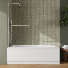 [BBZSE008] Round Single Ended 1700x700 Shower Bath Set - Front Panel, Chrome Straight Bath Screen with Towel Rail & Leg Set - Lifestyle 1