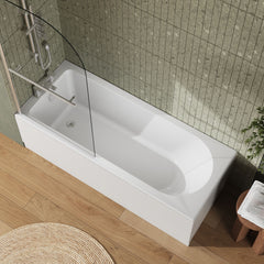 [BBZSE008] Round Single Ended 1700x700 Shower Bath Set - Front Panel, Chrome Straight Bath Screen with Towel Rail & Leg Set - Lifestyle 2