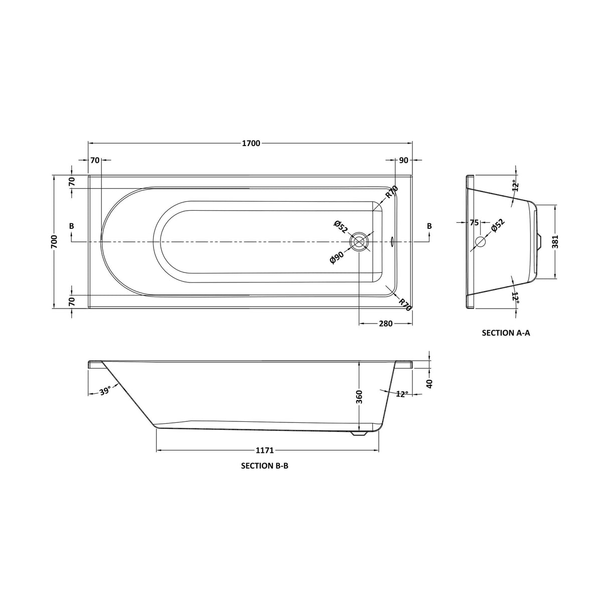 [BBZSE010] Round Single Ended 1700x700 Shower Bath Set - Front Panel, Screen with Fixed Panel and Rail - Chrome - Technical Drawing