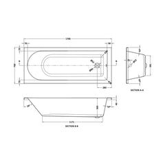[BBZSE010] Round Single Ended 1700x700 Shower Bath Set - Front Panel, Screen with Fixed Panel and Rail - Chrome - Technical Drawing