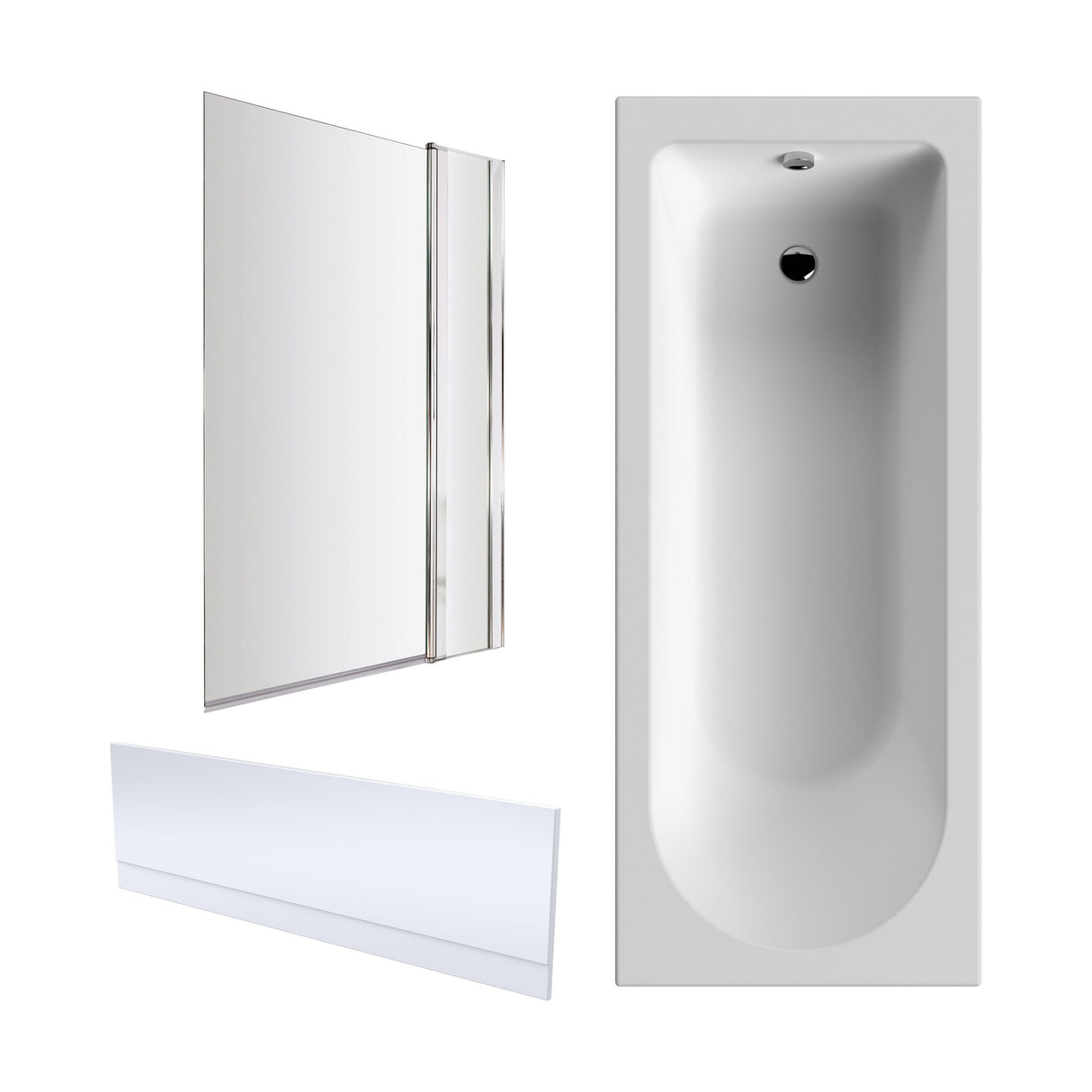 [BBZSE013] Round Single Ended 1700x750 Shower Bath Set - Front Panel, Chrome Square Bath Screen with Fixed Panel & Leg Set - Cutout
