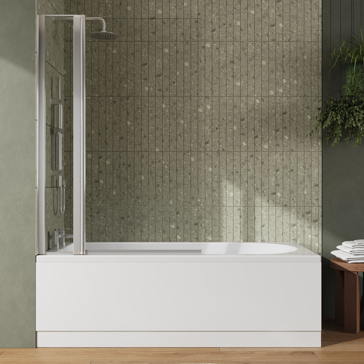 [BBZSE013] Round Single Ended Shower Bath Set - Front Panel, Chrome Square Bath Screen with Fixed Panel & Leg Set, Choice of Size - Lifestyle 1