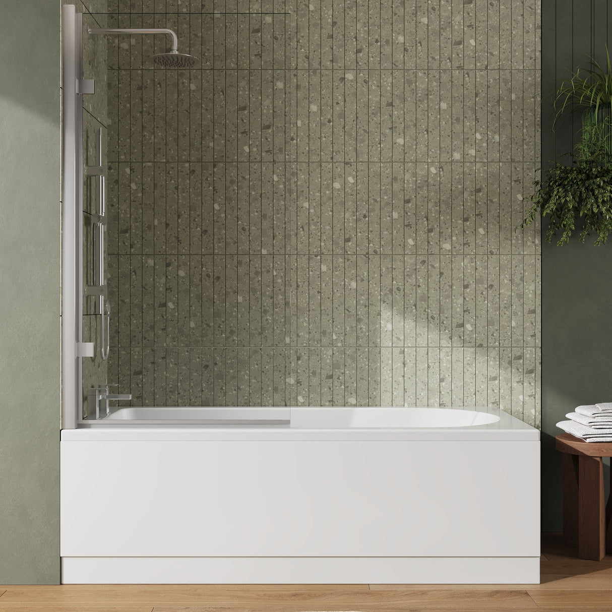 [BBZSE016] Round Single Ended 1700x750 Shower Bath Set - Front Panel, Hinged Screen - Chrome - Lifestyle 1