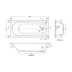 [BBZSE018] Round Single Ended Shower Bath Set - Front Panel, Chrome Round Bath Screen with Towel Rail & Leg Set, Choice of Size - Technical Drawing