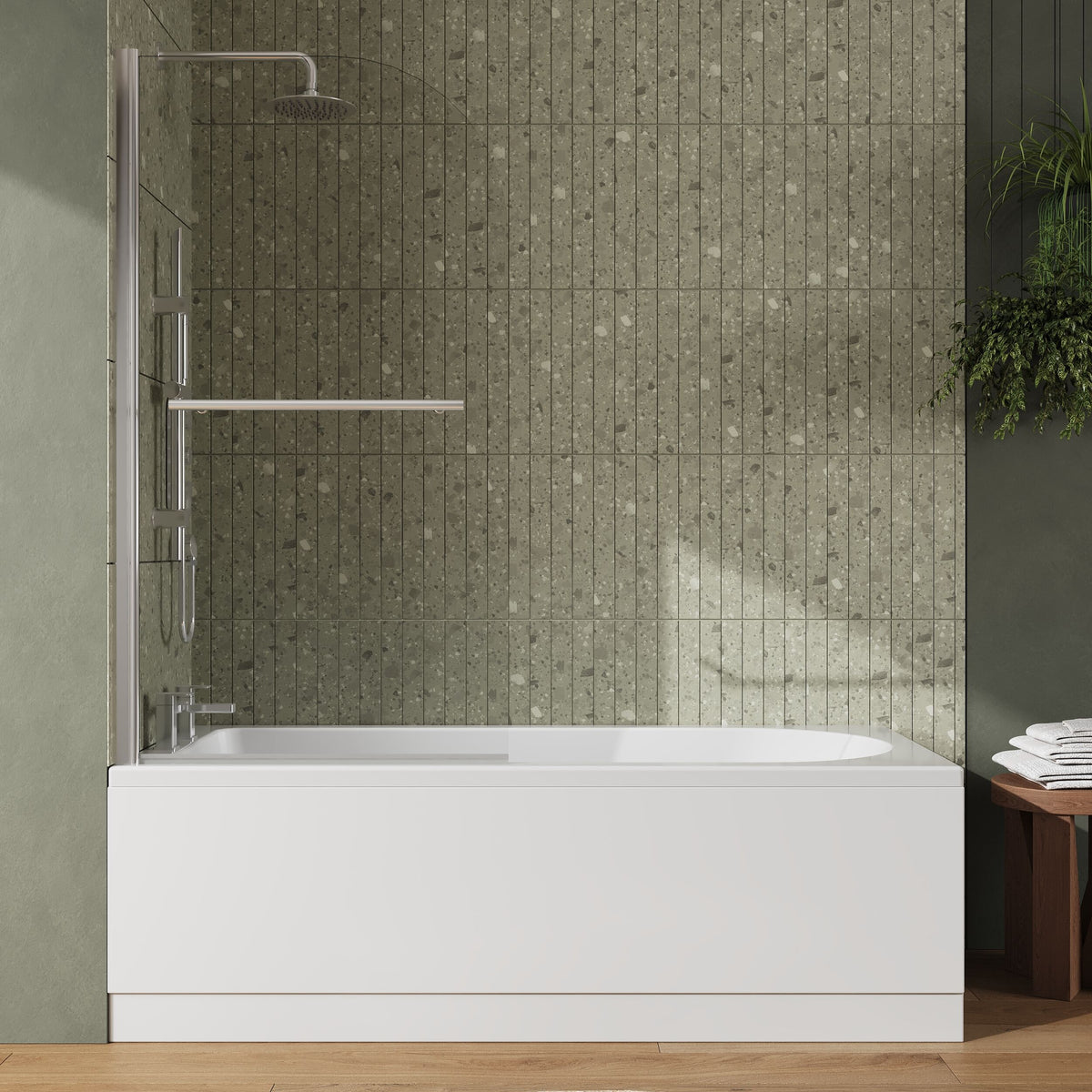 [BBZSE018] Round Single Ended Shower Bath Set - Front Panel, Chrome Round Bath Screen with Towel Rail & Leg Set, Choice of Size - Lifestyle 1