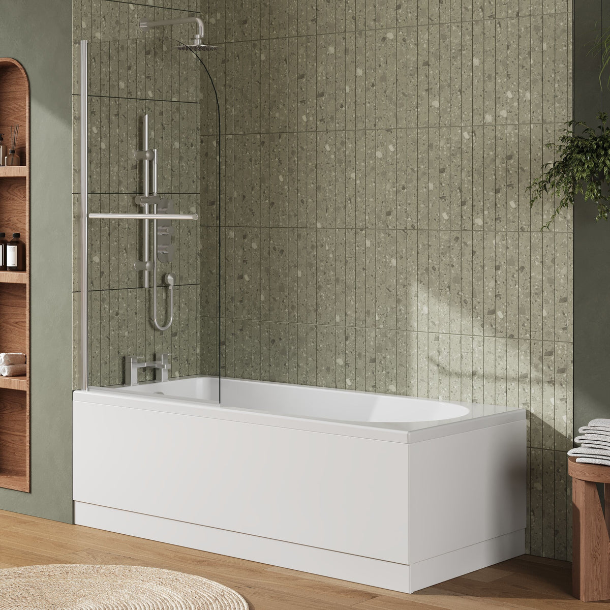 [BBZSE018] Round Single Ended Shower Bath Set - Front Panel, Chrome Round Bath Screen with Towel Rail & Leg Set, Choice of Size - Lifestyle 3