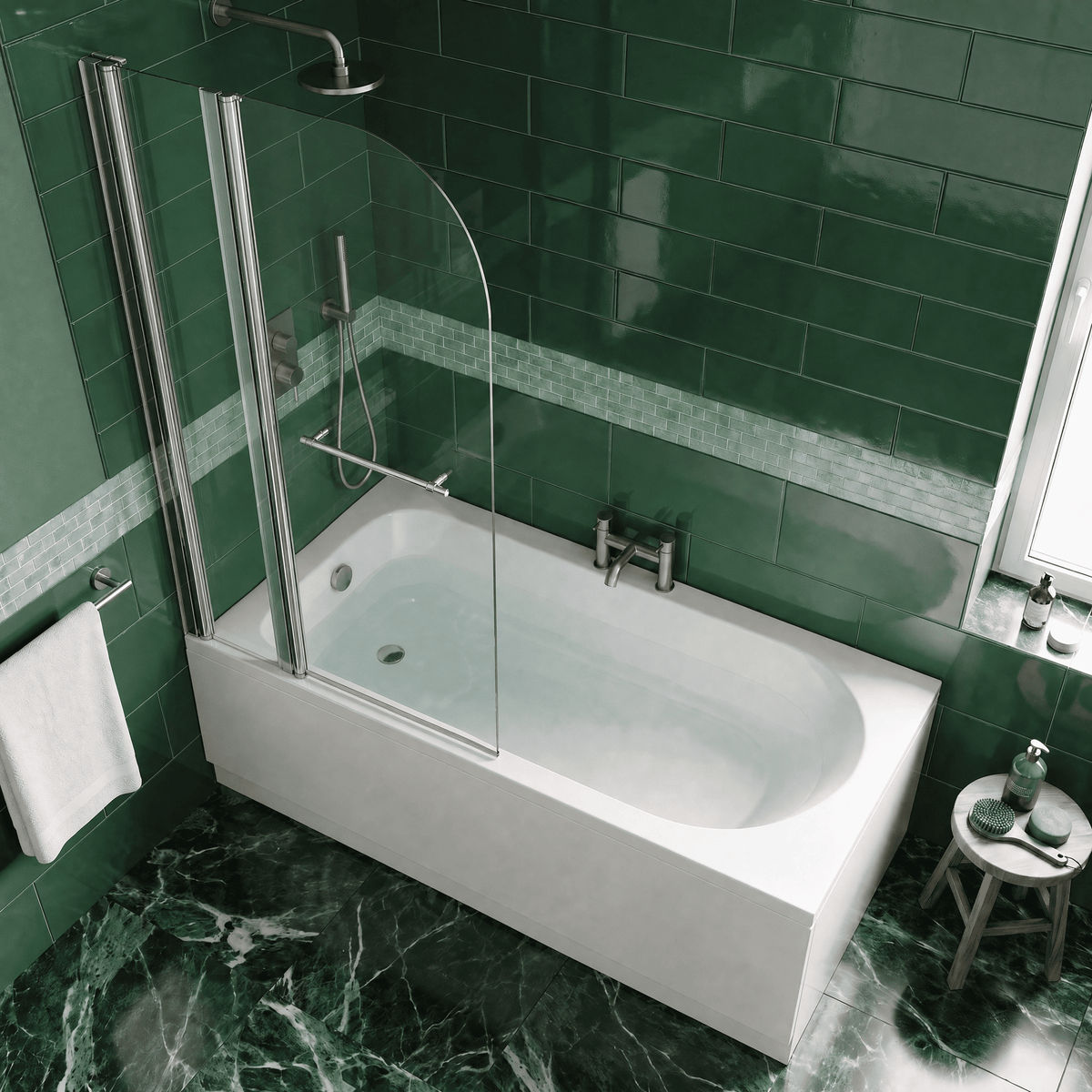 [BBZSE020] Round Single Ended Shower Bath Set - Front Panel, Chrome Round Screen with Fixed Panel, Towel Rail & Leg Set, Choice of Size - Lifestyle 2