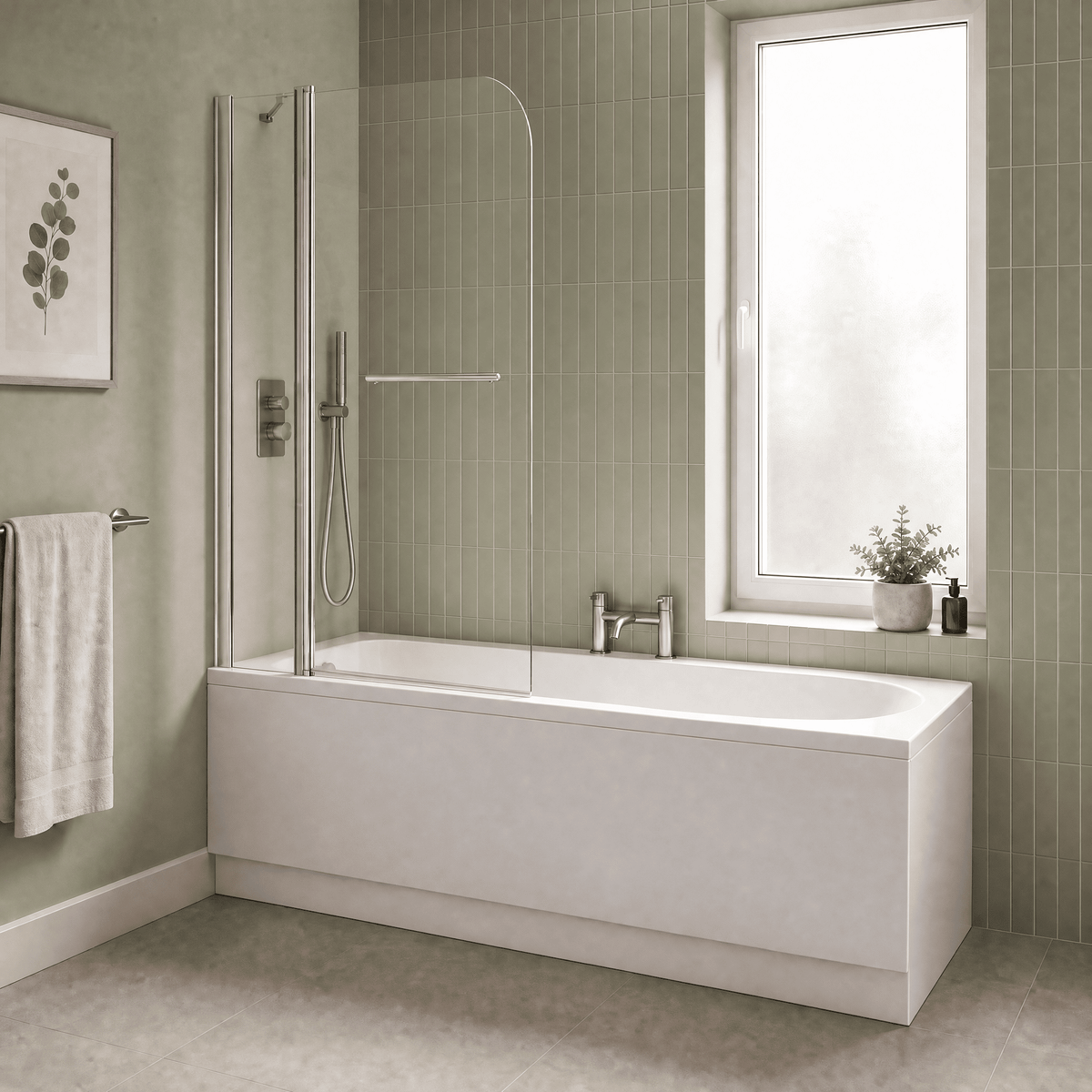 [BBZSE020] Round Single Ended Shower Bath Set - Front Panel, Chrome Round Screen with Fixed Panel, Towel Rail & Leg Set, Choice of Size - Lifestyle 3
