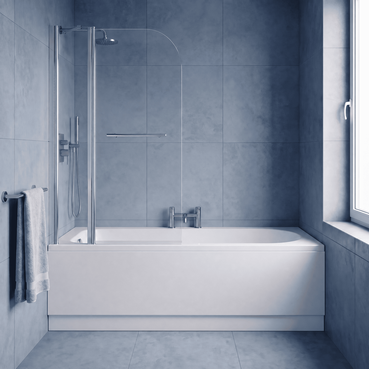 [BBZSE020] Round Single Ended Shower Bath Set - Front Panel, Chrome Round Screen with Fixed Panel, Towel Rail & Leg Set, Choice of Size - Studio Shot
