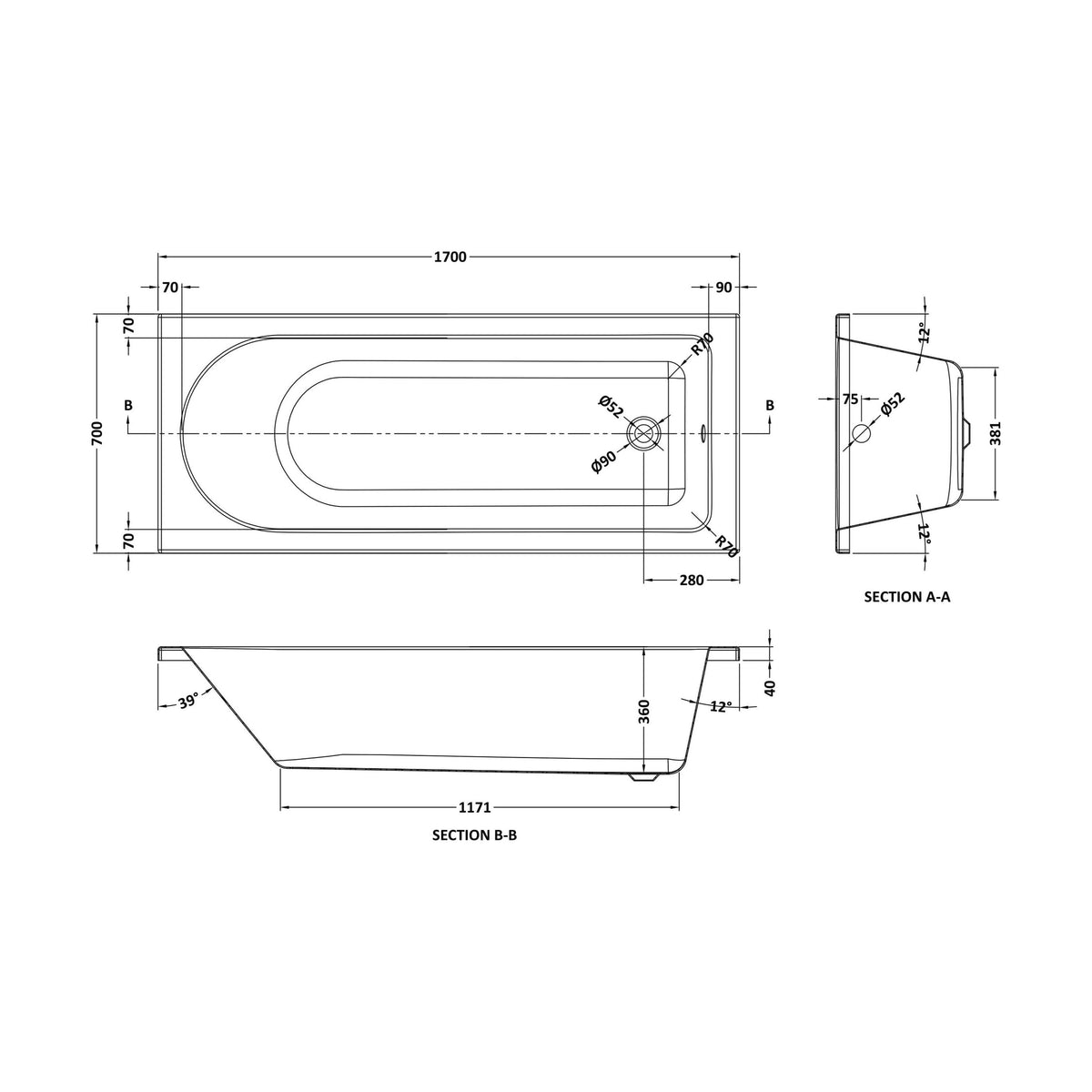 [BBZSE041] Round Single Ended Shower Bath Set - Front Panel, Black Square Bath Screen & Leg Set, Choice of Size - Technical Drawing