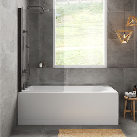 [BBZSE041] Round Single Ended 1700x700 Shower Bath Set - Front Panel, Square Bath Screen - Black - Lifestyle 1