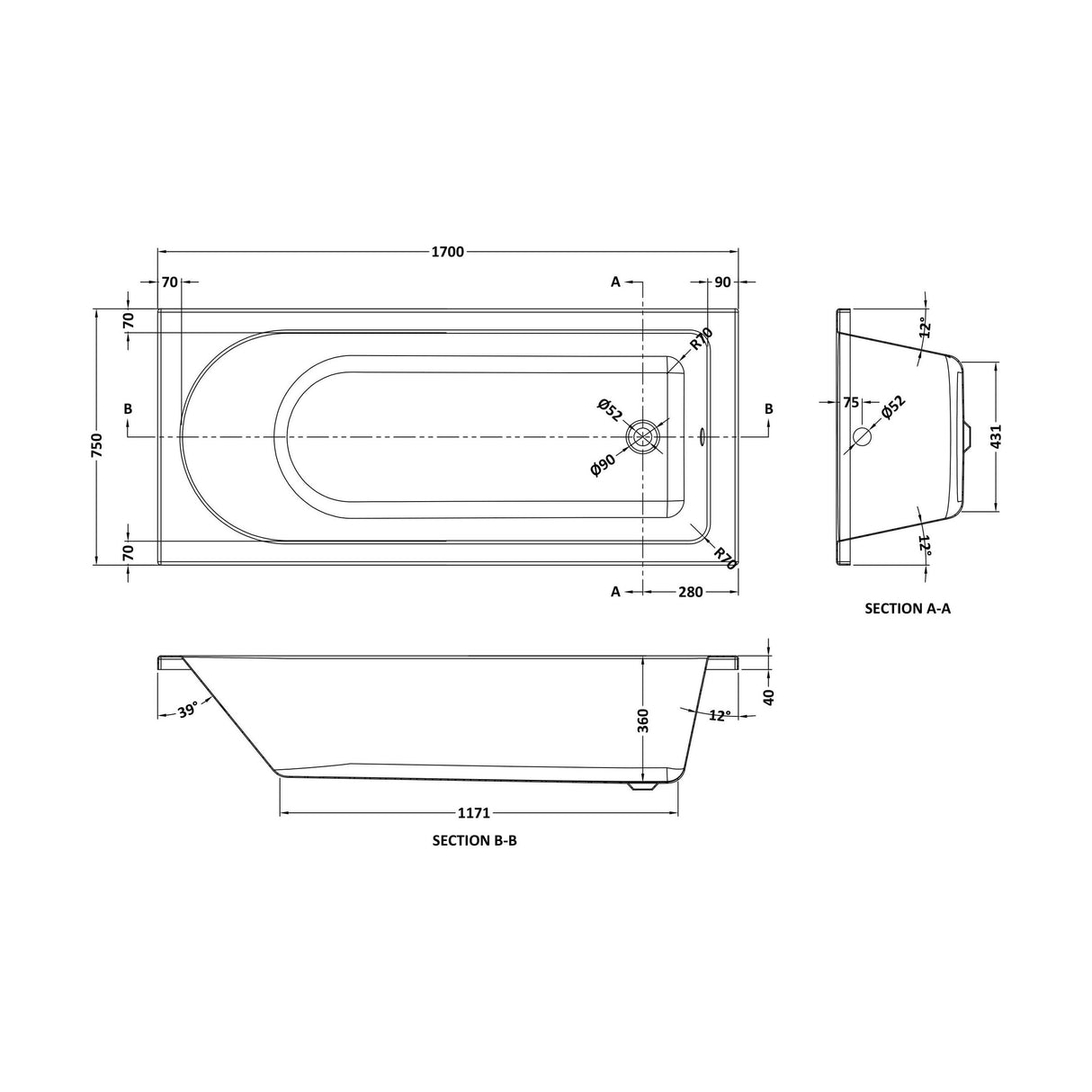 [BBZSE043] Round Single Ended 1700x750 Shower Bath Set - Front Panel, Screen & Leg Set - Technical Drawing