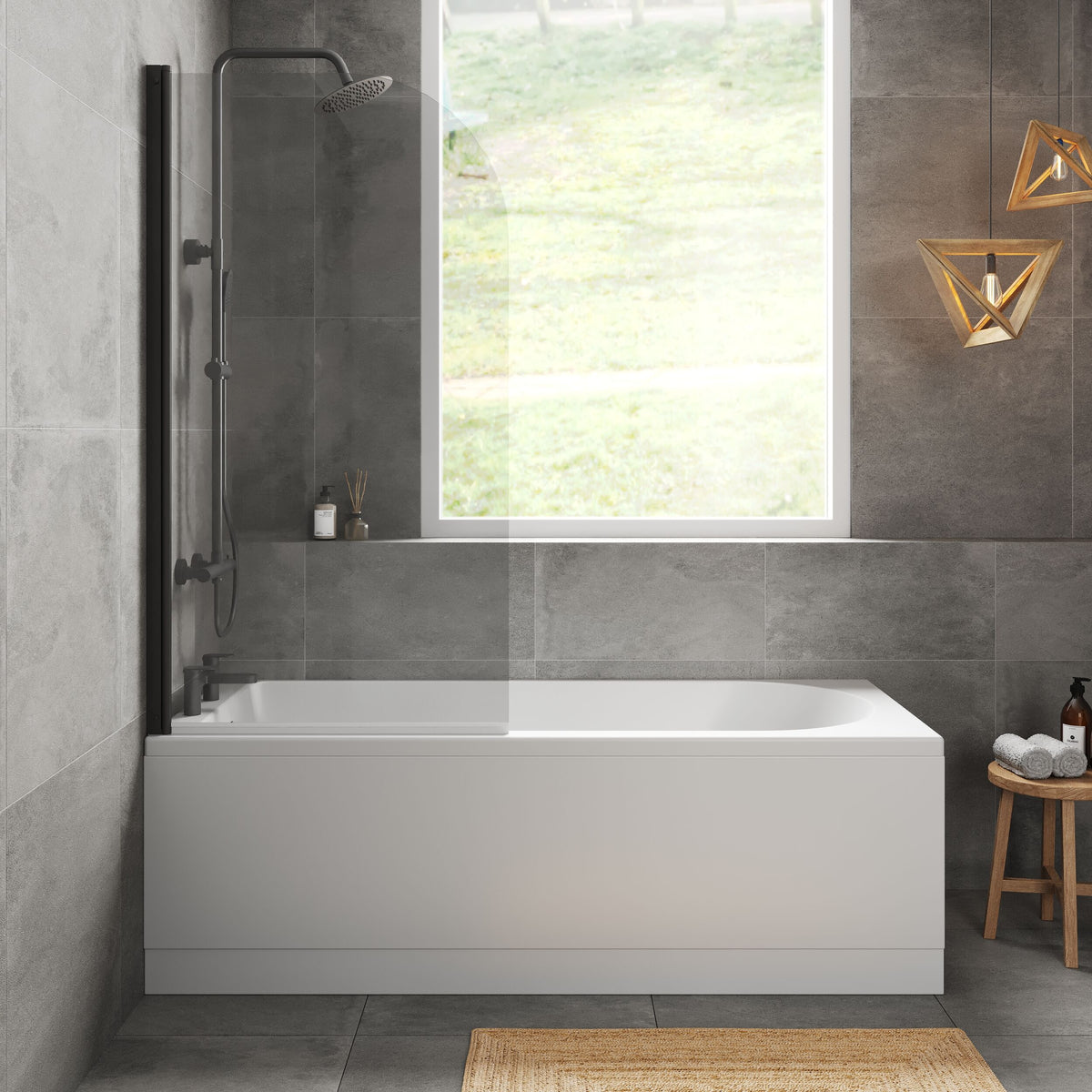 [BBZSE044] Round Single Ended Shower Bath Set - Front Panel, Black Round Bath Screen, Choice of Size - Lifestyle 1
