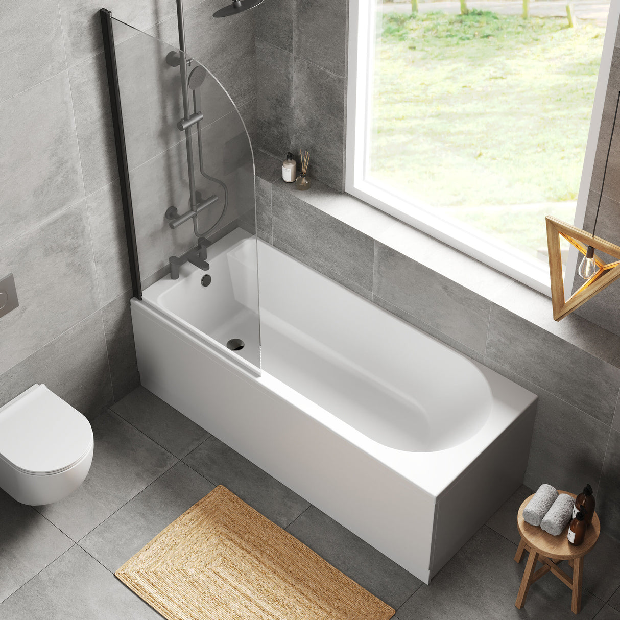 [BBZSE044] Round Single Ended 1700x750 Shower Bath Set - Front Panel, Round Bath Screen - Black - Lifestyle 2