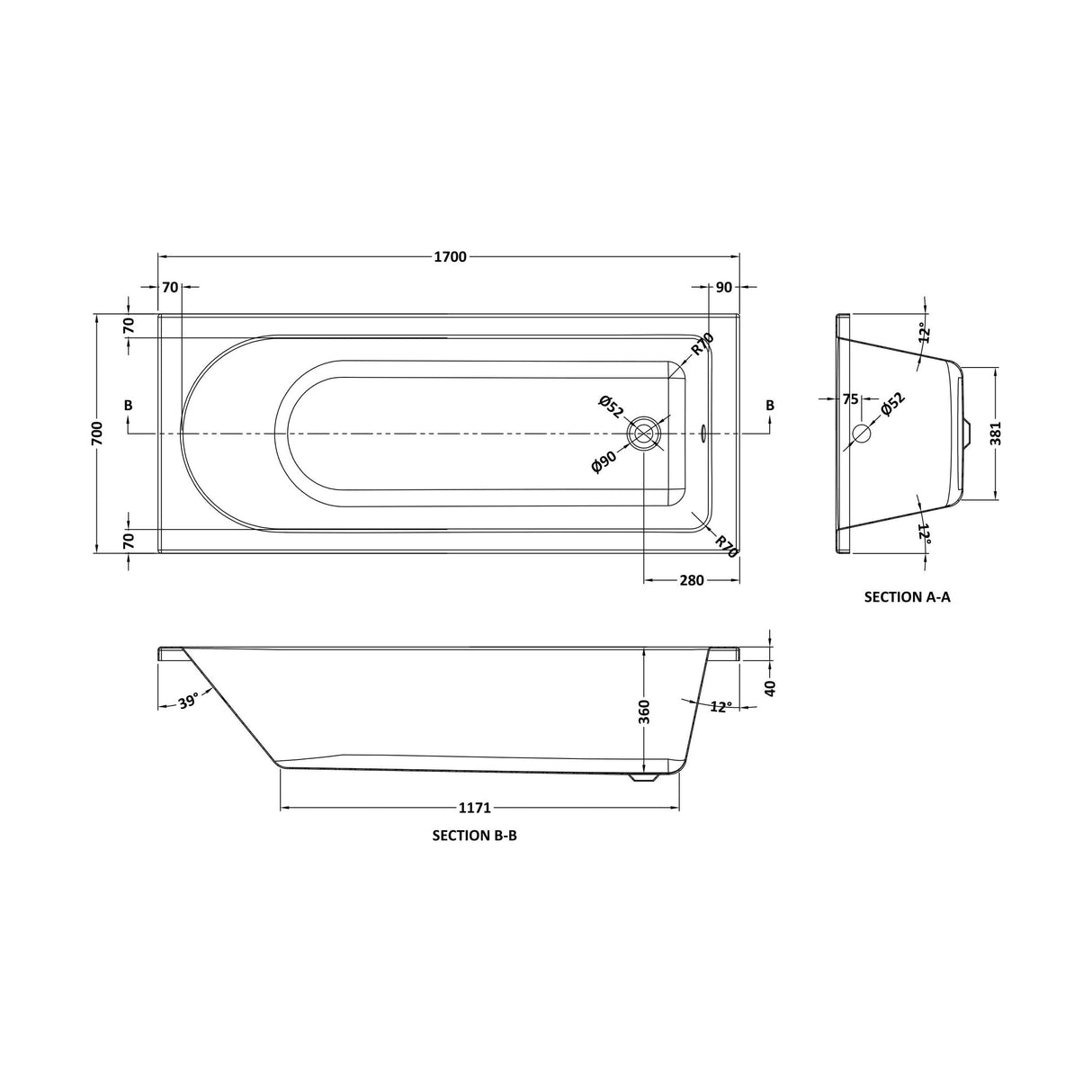 [BBZSE045] Round Single Ended 1700x700 Shower Bath Set - Front Panel, Screen, Fixings & Leg Set - Technical Drawing