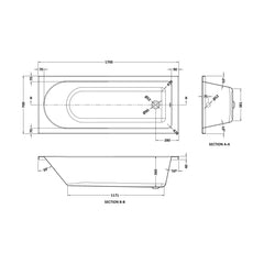 [BBZSE045] Round Single Ended 1700x700 Shower Bath Set - Front Panel, Screen, Fixings & Leg Set - Technical Drawing