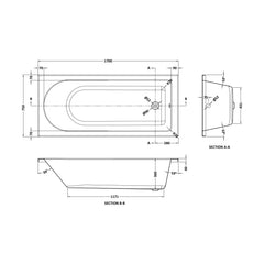 [BBZSE047] Round Single Ended 1700x750 Shower Bath Set -Front Panel, Screen, Fixings & Leg Set - Technical Drawing