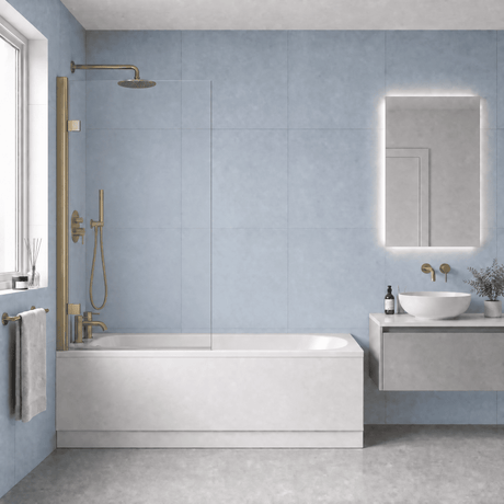 [BBZSE049] Round Single Ended Shower Bath Set - Front Panel, Brushed Brass Square Hinged Bath Screen & Leg Set, Choice of Size - Studio Shot