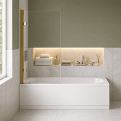 [BBZSE051] Round Single Ended Shower Bath Set - Front Panel, Brushed Brass Square Hinged Bath Screen & Leg Set, Choice of Size - Lifestyle 1
