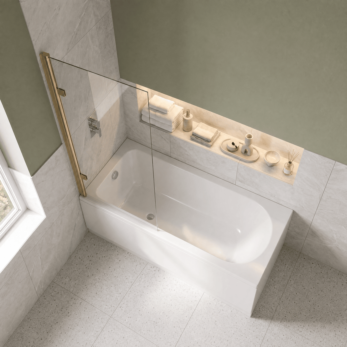 [BBZSE051] Round Single Ended Shower Bath Set - Front Panel, Brushed Brass Square Hinged Bath Screen & Leg Set, Choice of Size - Lifestyle 2