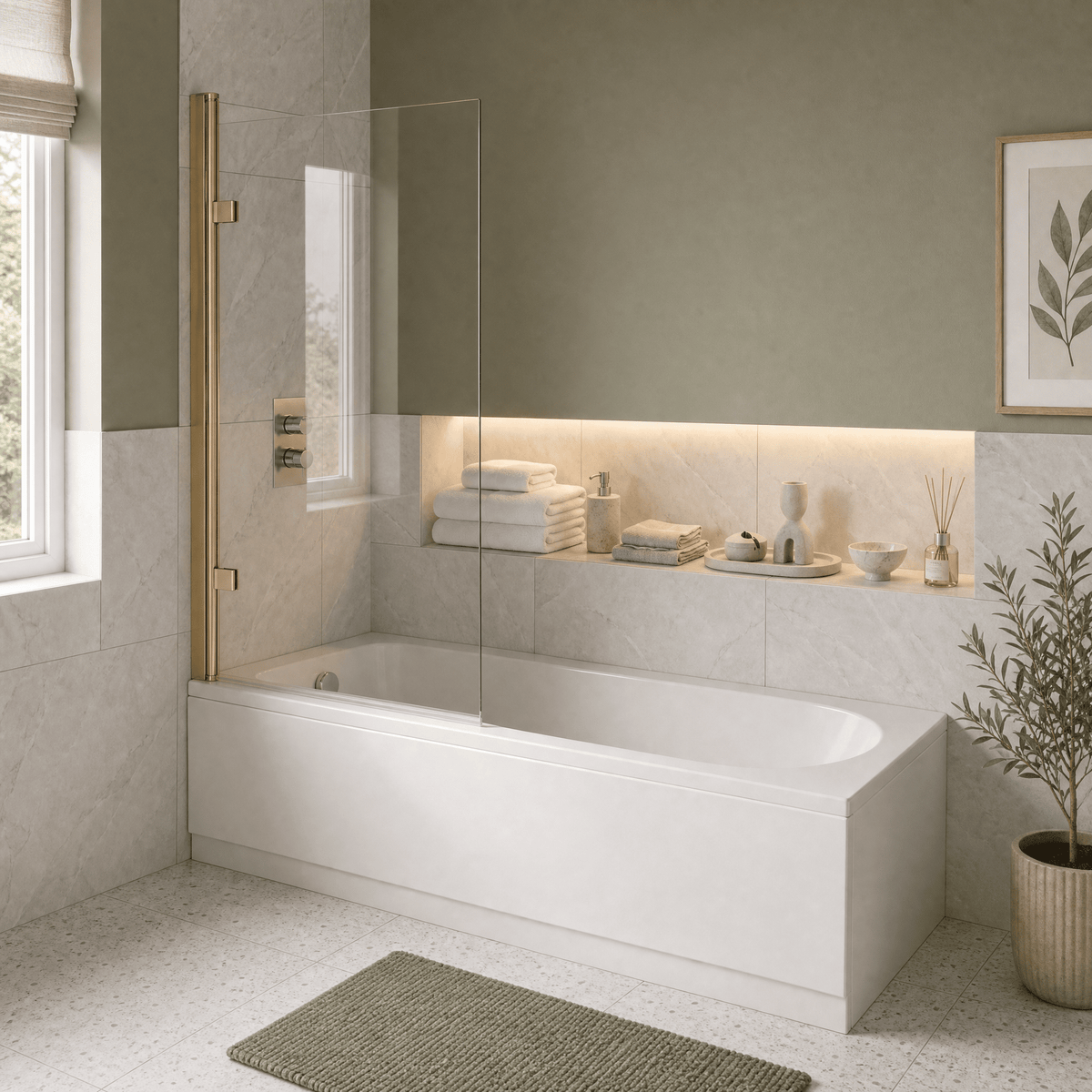 [BBZSE051] Round Single Ended Shower Bath Set - Front Panel, Brushed Brass Square Hinged Bath Screen & Leg Set, Choice of Size - Lifestyle 3