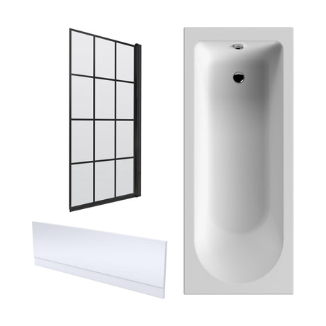 [BBZSE058] Round Single Ended 1700x750 Shower Bath Set - Front Panel, Matt Black Square Framed Screen & Leg Set - Cutout