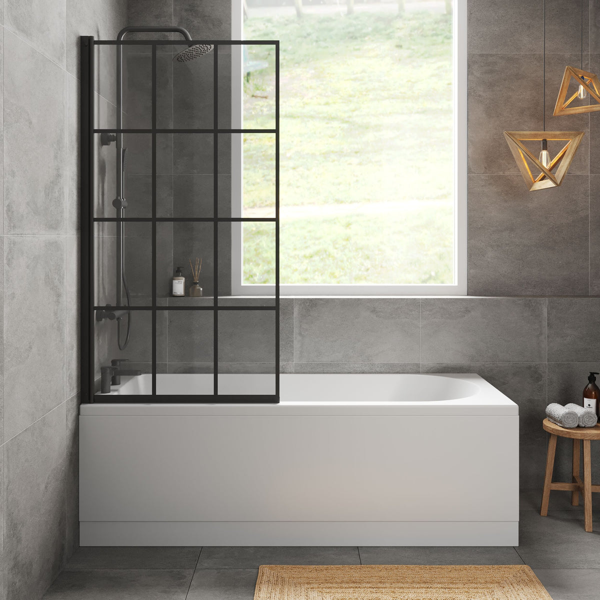 [BBZSE058] Round Single Ended Shower Bath Set - Front Panel, Matt Black Square Framed Hinged Screen & Leg Set, Choice of Size - Lifestyle 1