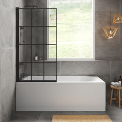 [BBZSE058] Round Single Ended Shower Bath Set - Front Panel, Matt Black Square Framed Hinged Screen & Leg Set, Choice of Size - Lifestyle 1