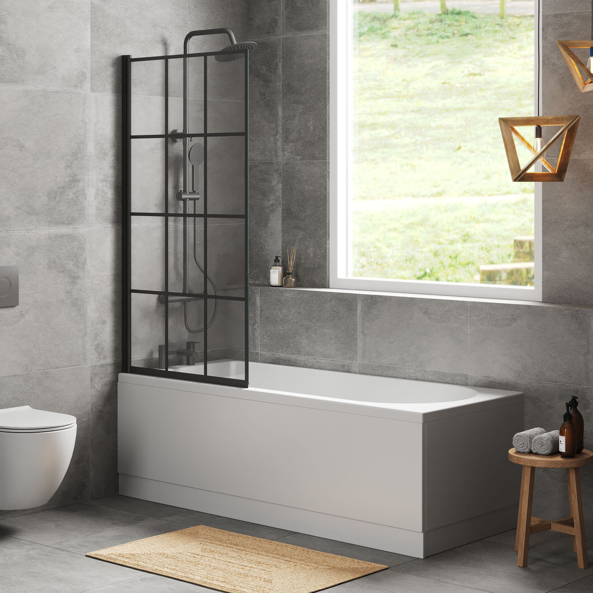 [BBZSE058] Round Single Ended Shower Bath Set - Front Panel, Matt Black Square Framed Hinged Screen & Leg Set, Choice of Size - Lifestyle 3