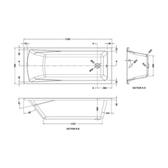 [BBZSE059] Square Single Ended 1700x700 Shower Bath Set - Front Panel, Chrome Square Bath Screen & Leg Set - Technical Drawing