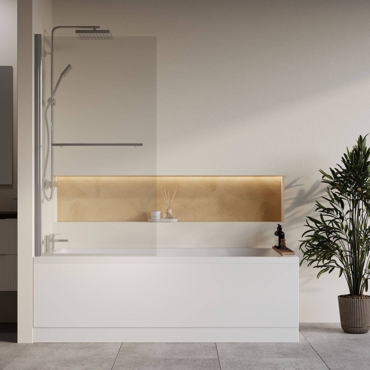 [BBZSE070] Square Single Ended 1700x750 Bath with Front Panel, Chrome Square Bath Screen with Towel Rail & Leg Set - Lifestyle 1