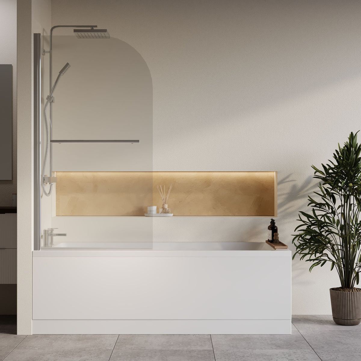 [BBZSE076] Square Single Ended Shower Bath Set - Front Panel, Chrome Round Bath Screen with Towel Rail & Leg Set, Choice of Size - Lifestyle 1