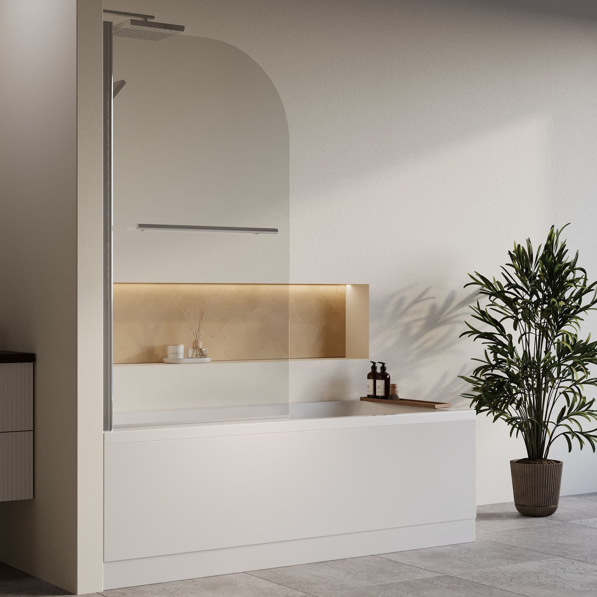 [BBZSE076] Square Single Ended Shower Bath Set - Front Panel, Chrome Round Bath Screen with Towel Rail & Leg Set, Choice of Size - Lifestyle 3