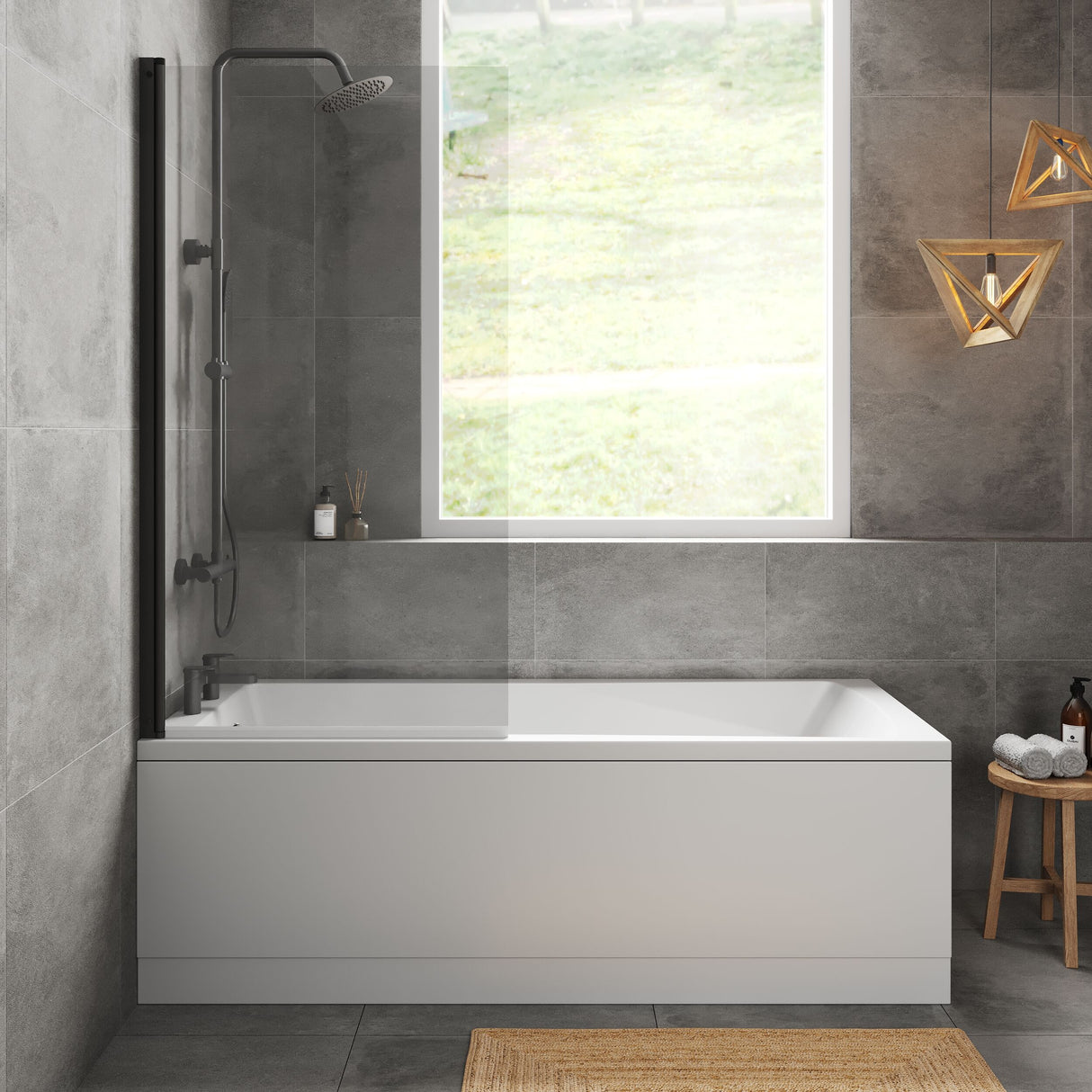 [BBZSE101] Square Single Ended 1700x750 Bath with Front Panel & Black Screen - Lifestyle 1