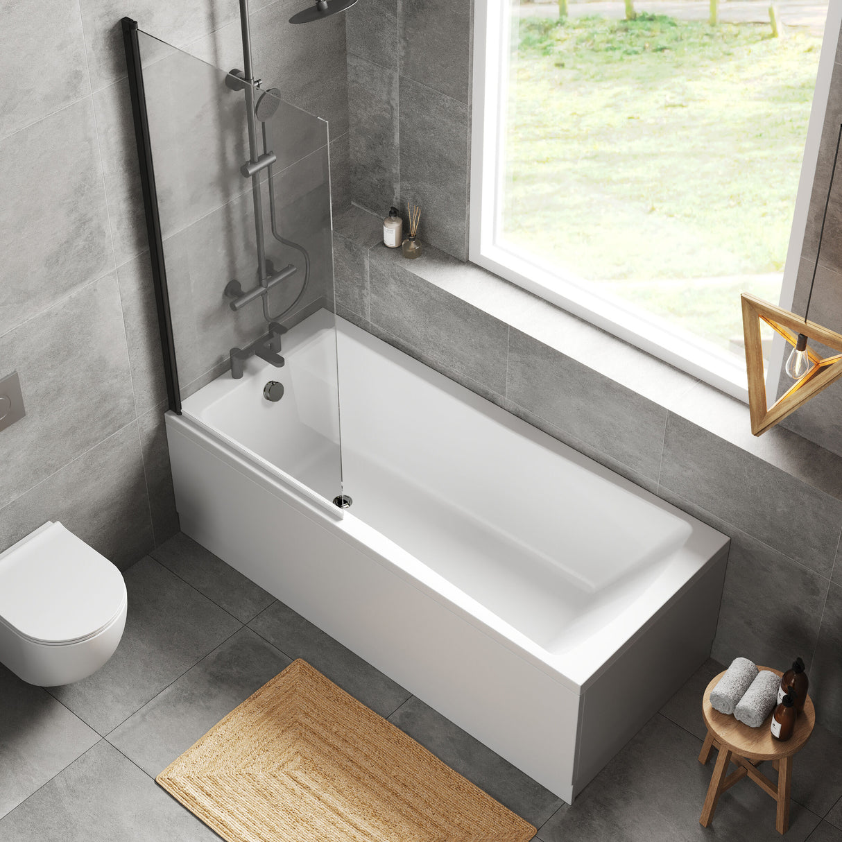 [BBZSE101] Square Single Ended 1700x750 Bath with Front Panel & Black Screen - Lifestyle 2