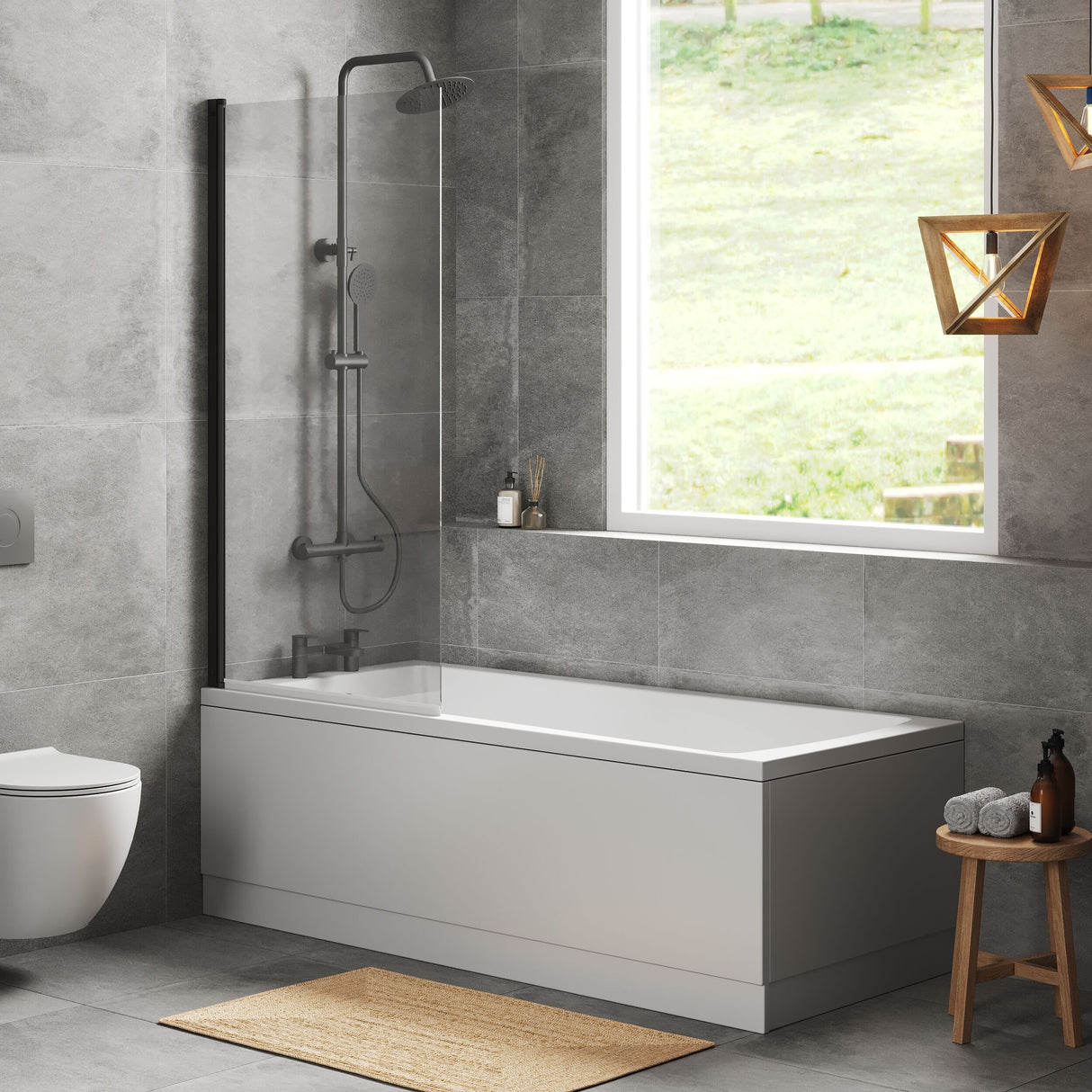 [BBZSE101] Square Single Ended 1700x750 Bath with Front Panel & Black Screen - Lifestyle 3