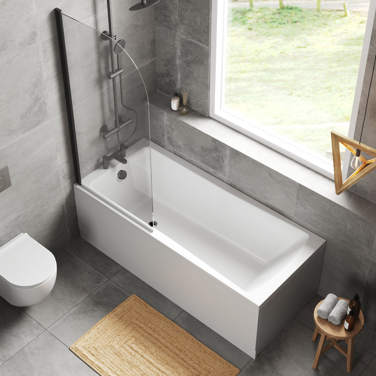 [BBZSE102] Square Single Ended Shower Bath Set - Front Panel, Black Round Bath Screen & Leg Set, Choice of Size - Lifestyle 2