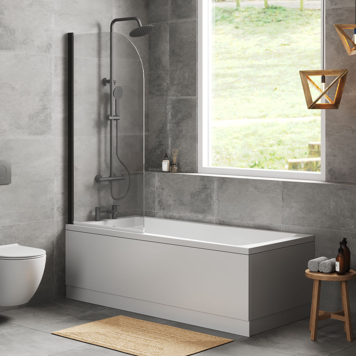 [BBZSE102] Square Single Ended Shower Bath Set - Front Panel, Black Round Bath Screen & Leg Set, Choice of Size - Lifestyle 3