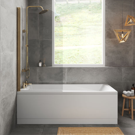 [BBZSE110] Square Single Ended1700x750 Shower Bath Set - Front Panel & Brushed Brass Round Corner Screen - Lifestyle 1