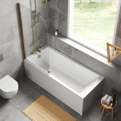 [BBZSE110] Square Single Ended Shower Bath Set - Front Panel, Brushed Brass Round Bath Screen & Leg Set, Choice of Size - Lifestyle 2