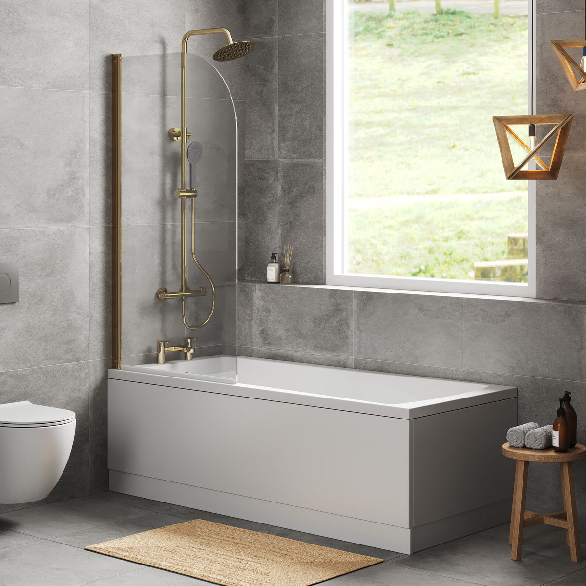 [BBZSE110] Square Single Ended Shower Bath Set - Front Panel, Brushed Brass Round Bath Screen & Leg Set, Choice of Size - Lifestyle 3