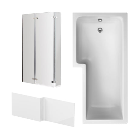 [BBZSS004] L Shape 1700x850 Shower Bath Set - Front Panel & 3 Panel Chrome Center Hinge Screen, Left Hand - Cutout
